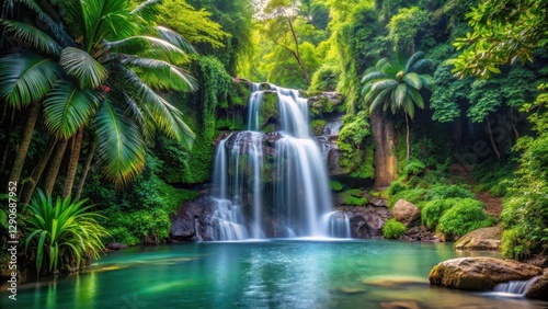 Waterfall cascade in tropical island , lush foliage, serene scene,  lush foliage, serene scene