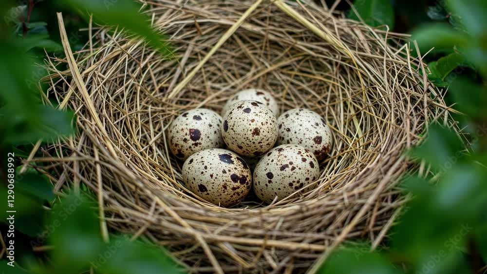 A nest with speckled eggs nestled among greenery A nest with speckled eggs nestled among greenery