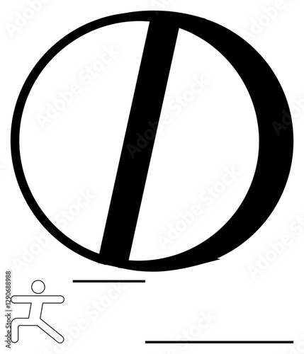 Small figure running from a tilted bold circle with diagonal and horizontal lines highlighting motion. Ideal for urgency, risk, challenge, energy, action, goals, abstract line flat metaphor