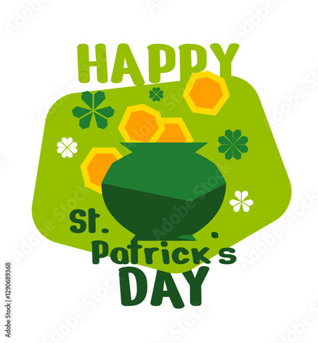 Happy St. Patrick's Day vector card. Bright holiday celebration illustration. Big rough-shaped pot icon, many large golden coins. Leprechaun's Treasure. Cartoon flat art. Cute graphic drawn element