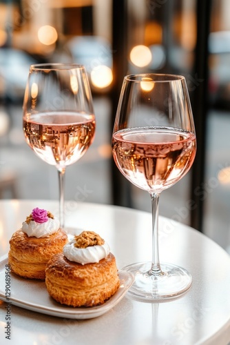 Elegant scene featuring sparkling rosé wine and delicate pastrie