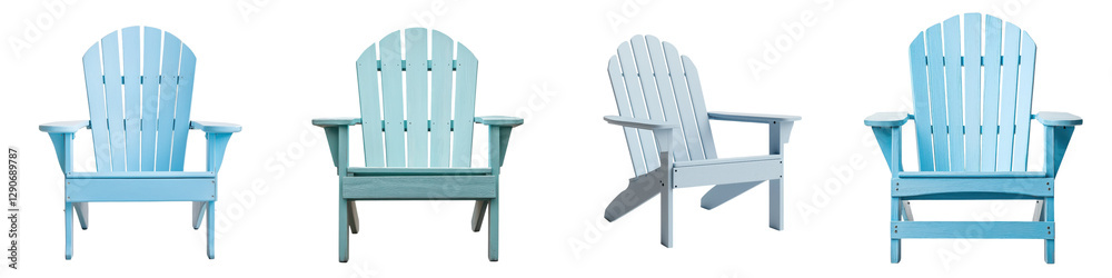 Fototapeta premium Scenic Adirondack style wooden chair in a peaceful outdoor setting surrounded by nature The blue toned chair invites relaxation and solace in a serene landscape perfect for a backyard cottage