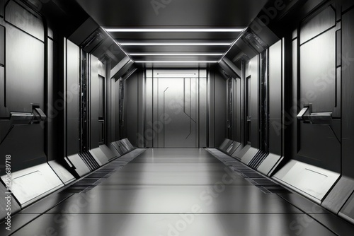 Futuristic corridor design with sleek metallic walls, illuminated panels, and minimalistic aesthetics provides a captivating sci-fi ambiance for creative projects