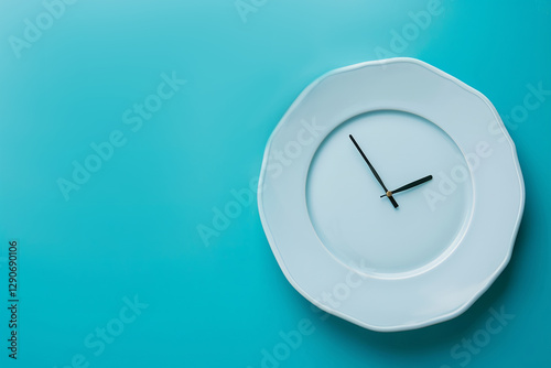 Plate with clock hands on a blue background, concept: meal schedule, dieting, and time management