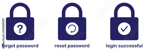Forget password, reset password and login successful icons collection set for privacy. Account protection, security key, danger warning, wrong password. Password security icons. privacy passcode 