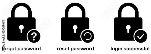 Forgot password, reset password and login successful symbol collection for security. Cyber security to Protect Personal Data. Password protection icons. Secure login icons. Authentication security.