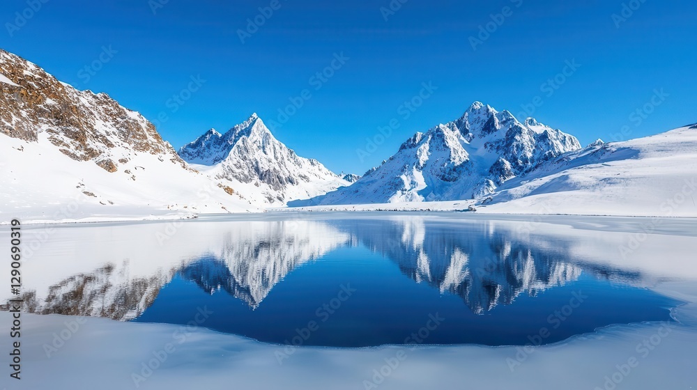 Frozen mountain lake reflecting the surrounding snowcovered peaks, clear blue ice contrasting with the white snow Frozen mountain lake reflecting the surrounding snowcovered peaks, clear blue ice contrasting with the white snow