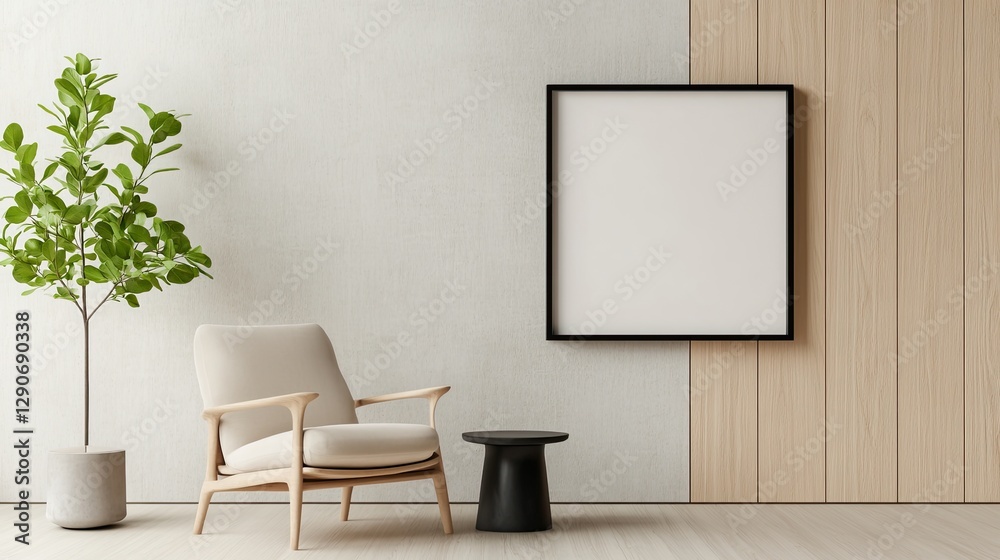 Minimalist interior featuring cozy chair, stylish side table, an Minimalist interior featuring cozy chair, stylish side table, an