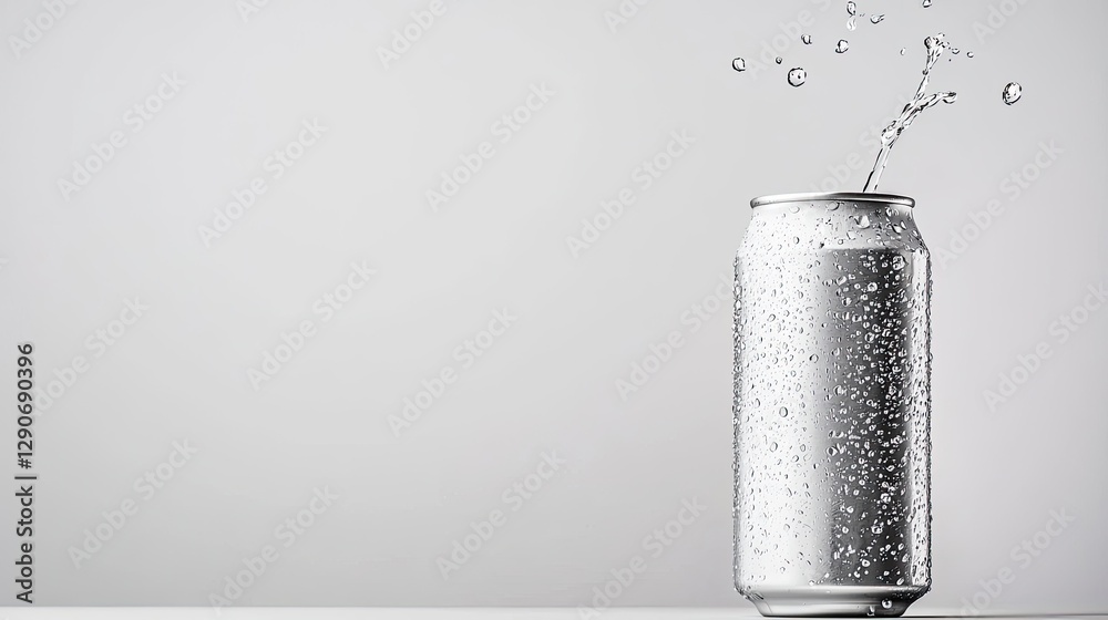 A silver soda can with bubbles splashing from its top against a plain gray background, conveying a sense of refreshment and energy. A silver soda can with bubbles splashing from its top against a plain gray background, conveying a sense of refreshment and energy.