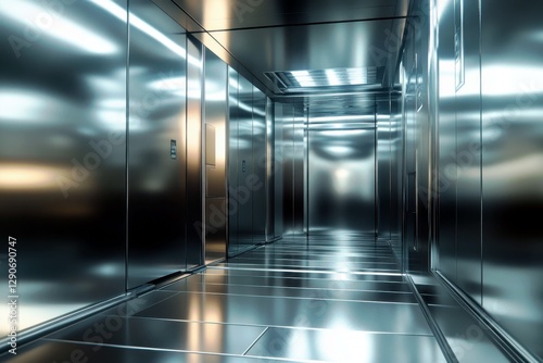 Futuristic Industrial Elevator Interior with Reflections and Lighting