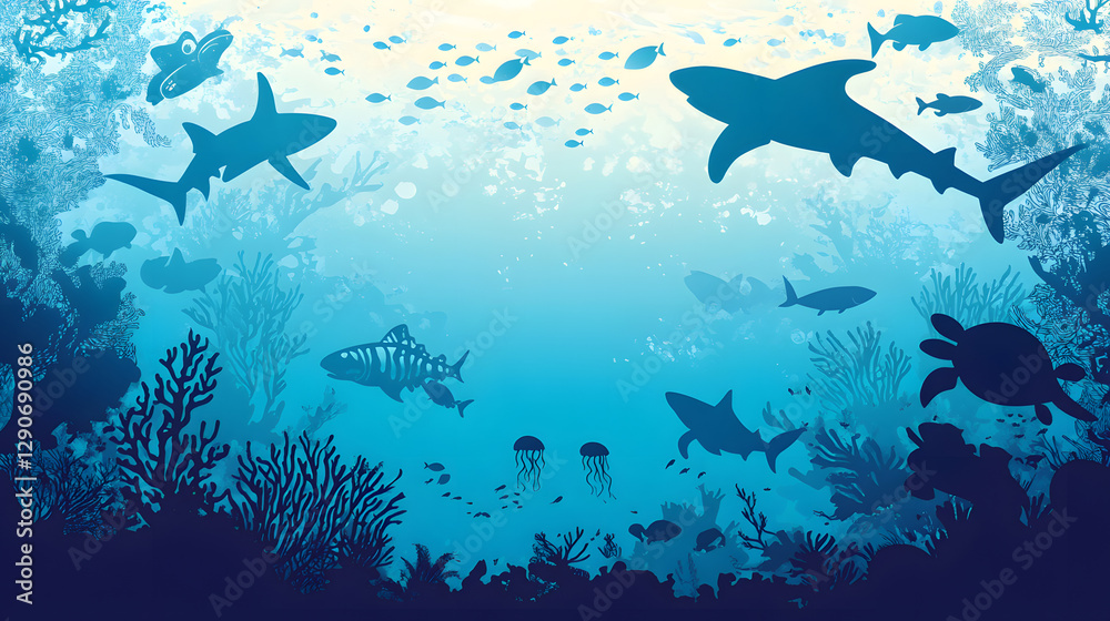 Fototapeta premium A vector illustration of silhouettes of sea creatures swimming in the ocean, including sharks and turtles 