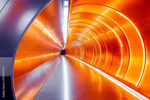 Futuristic tunnel with luminous orange lights creating a vibrant atmosphere and sleek lines, inviting adventure and exploration into the unknown depths