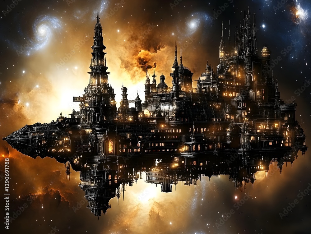 Fototapeta premium Futuristic spaceship gliding through a cosmic nebula, illuminated by distant stars and galaxies
