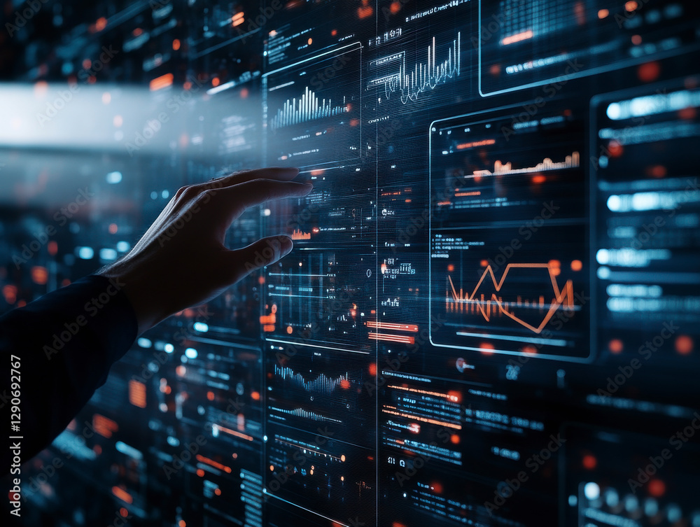 Hands interacting with advanced digital financial data and stock market analytics.
