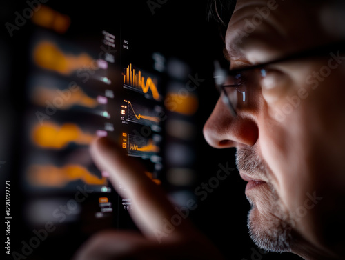 Financial analyst examining stock market data on a futuristic digital screen. photo