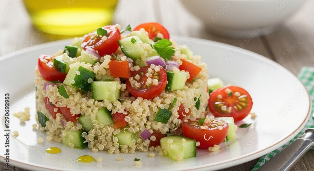 Fresh Quinoa Salad with Cherry Tomatoes, Cucumber, and Red Onion on White Plate - Delicious and Healthy Meal Photograph