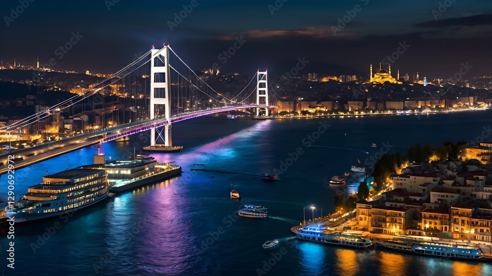Fototapeta premium Night view of Bosphorus Bridge and city skyline in Istanbul Turkey
