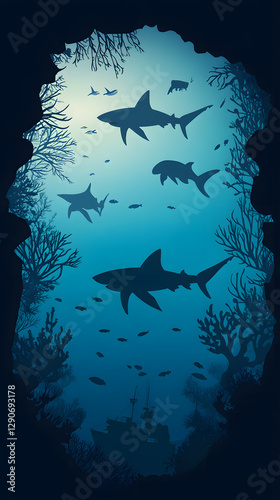 A vector illustration of silhouettes of sea creatures swimming in the ocean, including sharks and turtles
