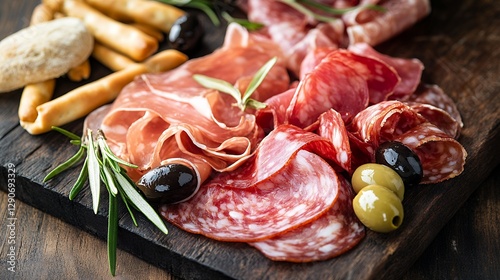 木製ボードに盛り付けられた生ハムの盛り合わせ プレートとオリーブ | Charcuterie Plate with Olives on Wooden Board