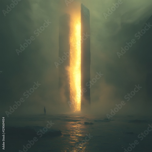 A tall standing monolith with glowing light emanations