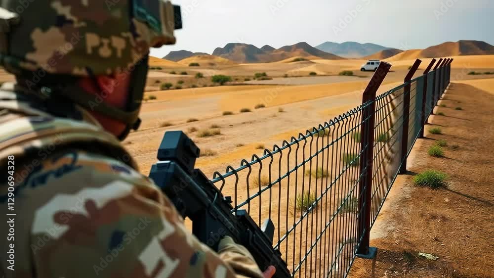Soldier observing a distant vehicle near a desert border fence under a hazy sky