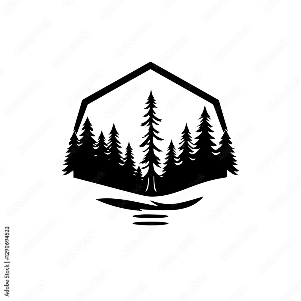 Fototapeta premium Forest Silhouette Within a Hexagon: Black-and-White Image Illustrating Evergreen Pine Trees. A Simple, Nature-Inspired Logo.