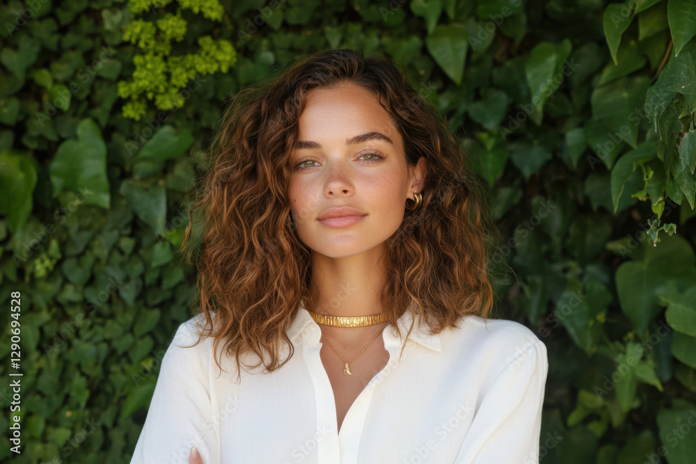Young woman with curly hair posing in front of green leaves Young woman with curly hair posing in front of green leaves