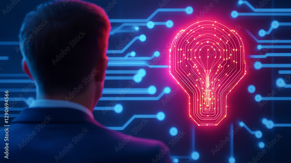 Fototapeta premium A business professional analyzing digital data with a high-tech light bulb graphic.
