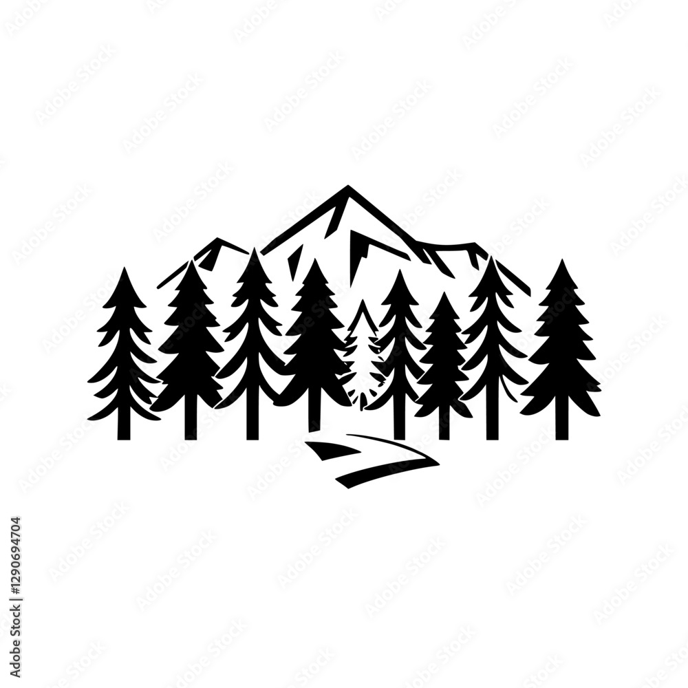 custom made wallpaper toronto digitalStylized black-and-white silhouette of a mountain range with pine forest, indicating a trail and a path.
