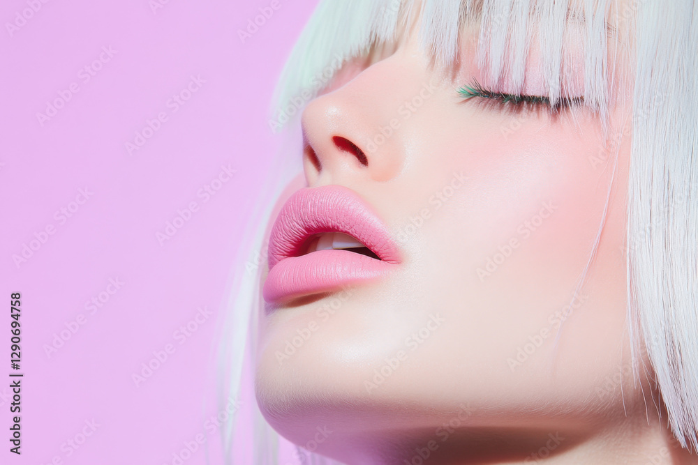 Model showing pink lipstick and closed eyes with white hair on pink background Model showing pink lipstick and closed eyes with white hair on pink background