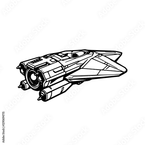 Futuristic spacecraft silhouette floating over a white background.