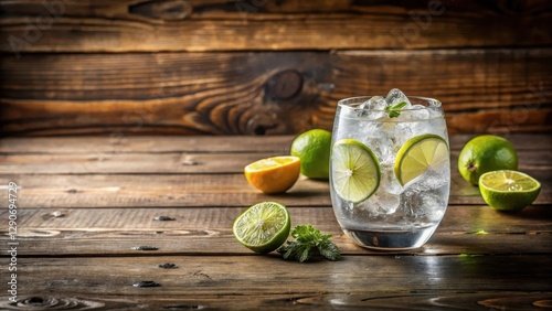 Gin and Tonic on Wooden Table, container, tabletop,  container, tabletop, citrus, interior design