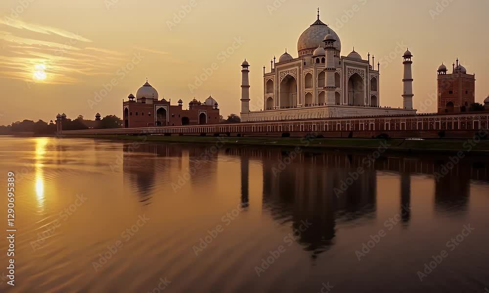 A serene sunset view of the Taj Mahal reflecting on the water, showcasing its architectural beauty.