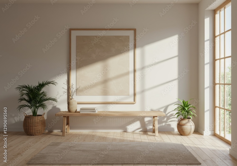 Fototapeta premium Frame mockup, ISO A paper size. Living room wall poster mockup. Interior mockup with house background. Modern interior design. 3D render