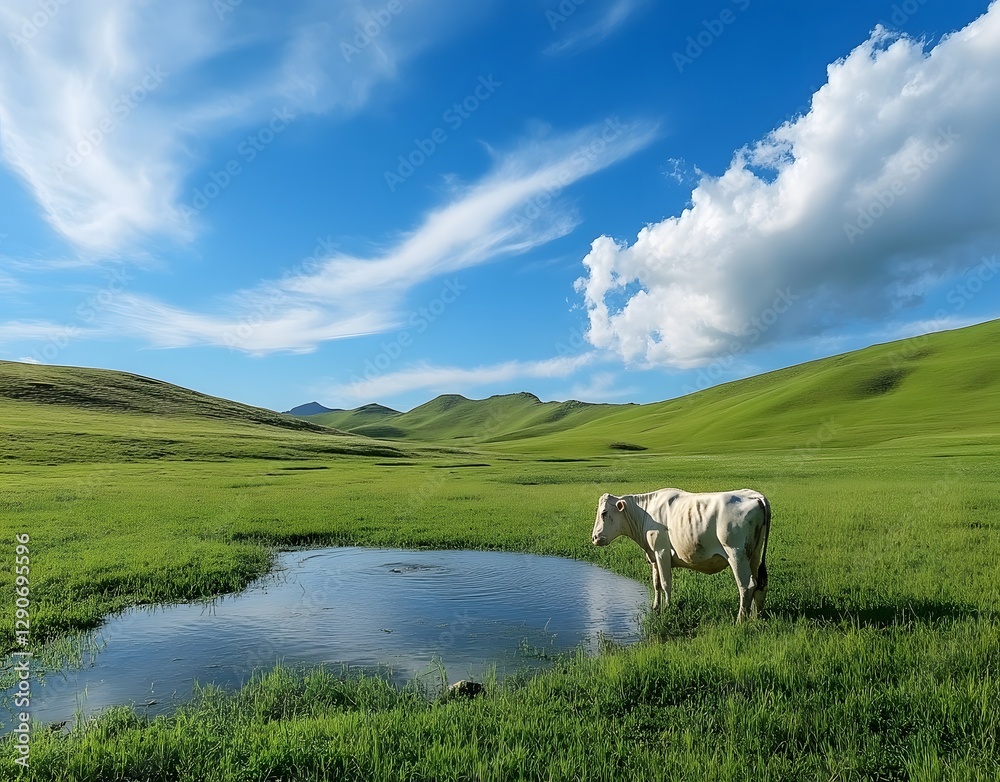 Fototapeta premium Serene Pastoral Landscape with Grazing Cow in Lush Green Meadow and Cloudy Blue Sky