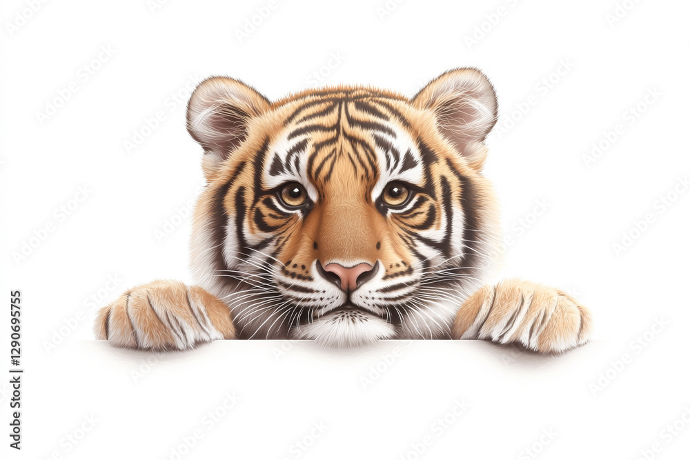 Obraz premium A close-up portrait of a tiger peering over a surface with expressive eyes.