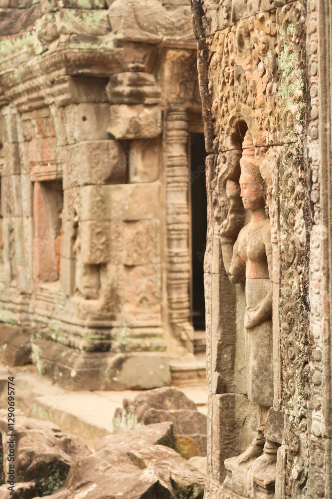 Inside the Prasat Preah Khan temple, an apsara is carved into a sandstone wall overgrown with red and green moss, lichens, Angkor Wat, Siem Reap, Cambodia Inside the Prasat Preah Khan temple, an apsara is carved into a sandstone wall overgrown with red and green moss, lichens, Angkor Wat, Siem Reap, Cambodia