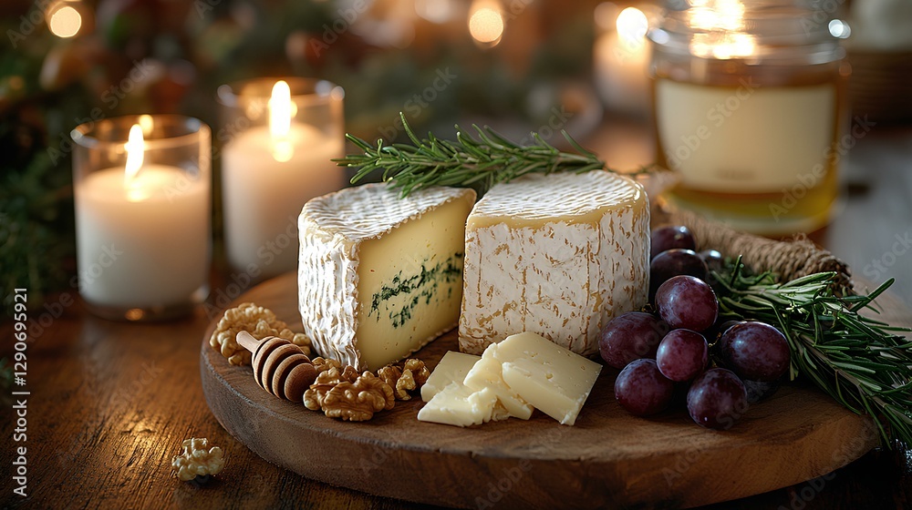 beautifully set rustic wooden table in a cozy mountain cheese dairy, illuminated by the soft glow of flickering candles beautifully set rustic wooden table in a cozy mountain cheese dairy, illuminated by the soft glow of flickering candles