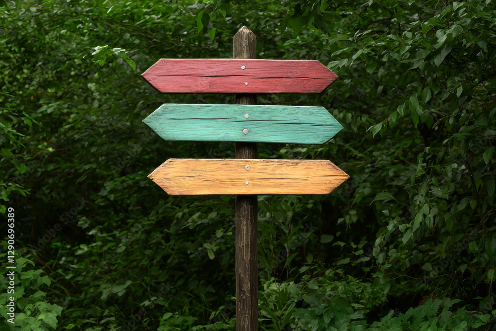 A colorful wooden signpost in a lush green forest, indicating various trail directions. A colorful wooden signpost in a lush green forest, indicating various trail directions.