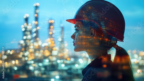 Female Worker in Front of Industrial Facility with Digital Overlay photo