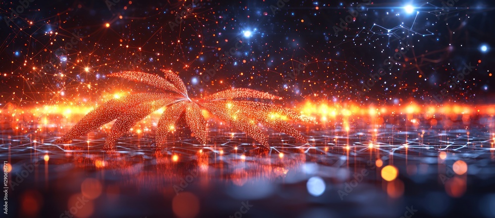 Naklejka premium Glowing leaves on a futuristic, illuminated surface with bokeh lights.