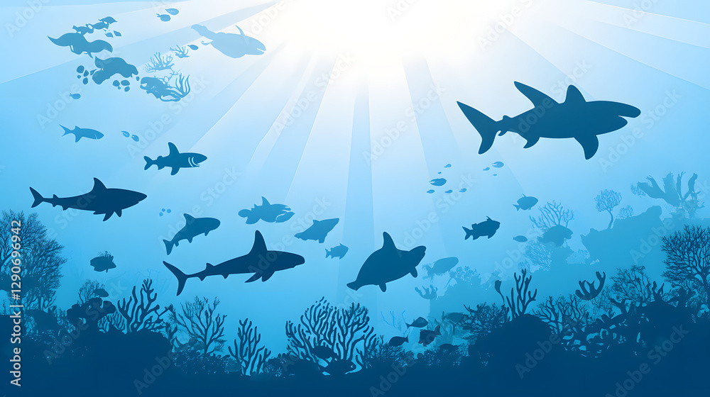 Obraz premium A vector illustration of silhouettes of sea creatures swimming in the ocean, including sharks and turtles