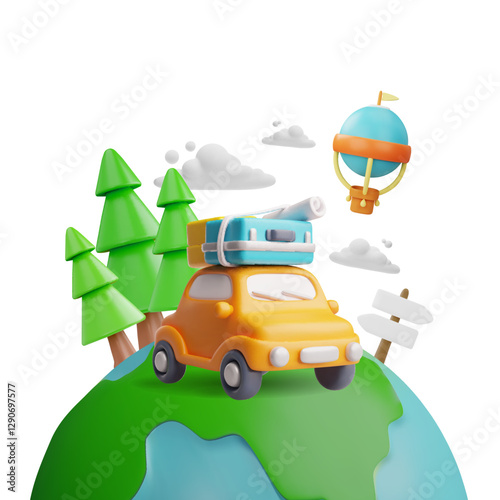 Summer travel by car, hot air balloon with basket flying in sky, trip on Earth planet 3D cartoon vector illustration