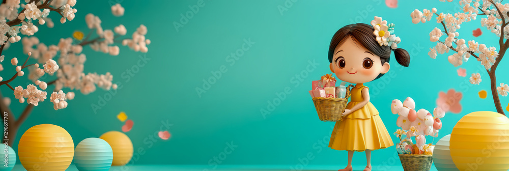 Naklejka premium Spring Surprise: Little Girl with Easter Basket and Blossoms for a Cheerful Celebration, Card