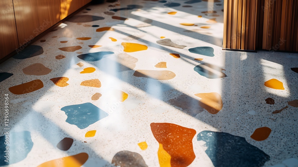Fototapeta premium Terrazzo Flooring Pattern with Sunlight Streaming Across a Clean Modern Floor