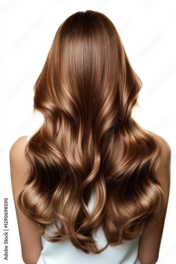 Fototapeta premium Flowing waves of glossy brown hair cascade elegantly down back,