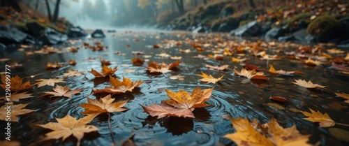 Autumn leaves floating on a calm stream in a forest Serene nature scene with fallen foliage Perfect for fall backgrounds