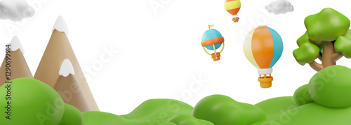 3D banner illustration with green forest, mountains and hot air balloons flying in the clouds.
