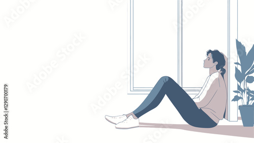 Illustration of a young person sitting on the floor by a large window, looking out. The style is minimalist with muted colors, primarily blues, whites, and beige. The figure is depicted in