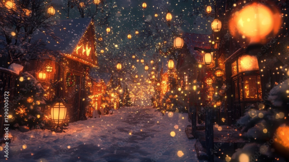 Naklejka premium A magical Christmas snowfall with glowing lanterns, festive ornaments, and a warm glow.